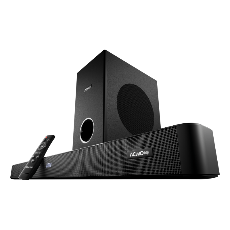 Svart ljudsystem med soundbar, subwoofer och fjärrkontroll