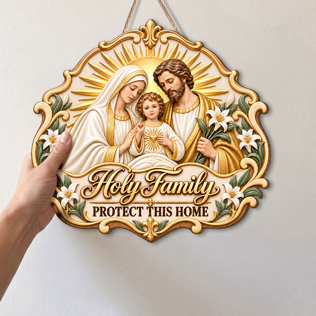Dekorativ beige dörrskylt i trä med motiv av den heliga familjen