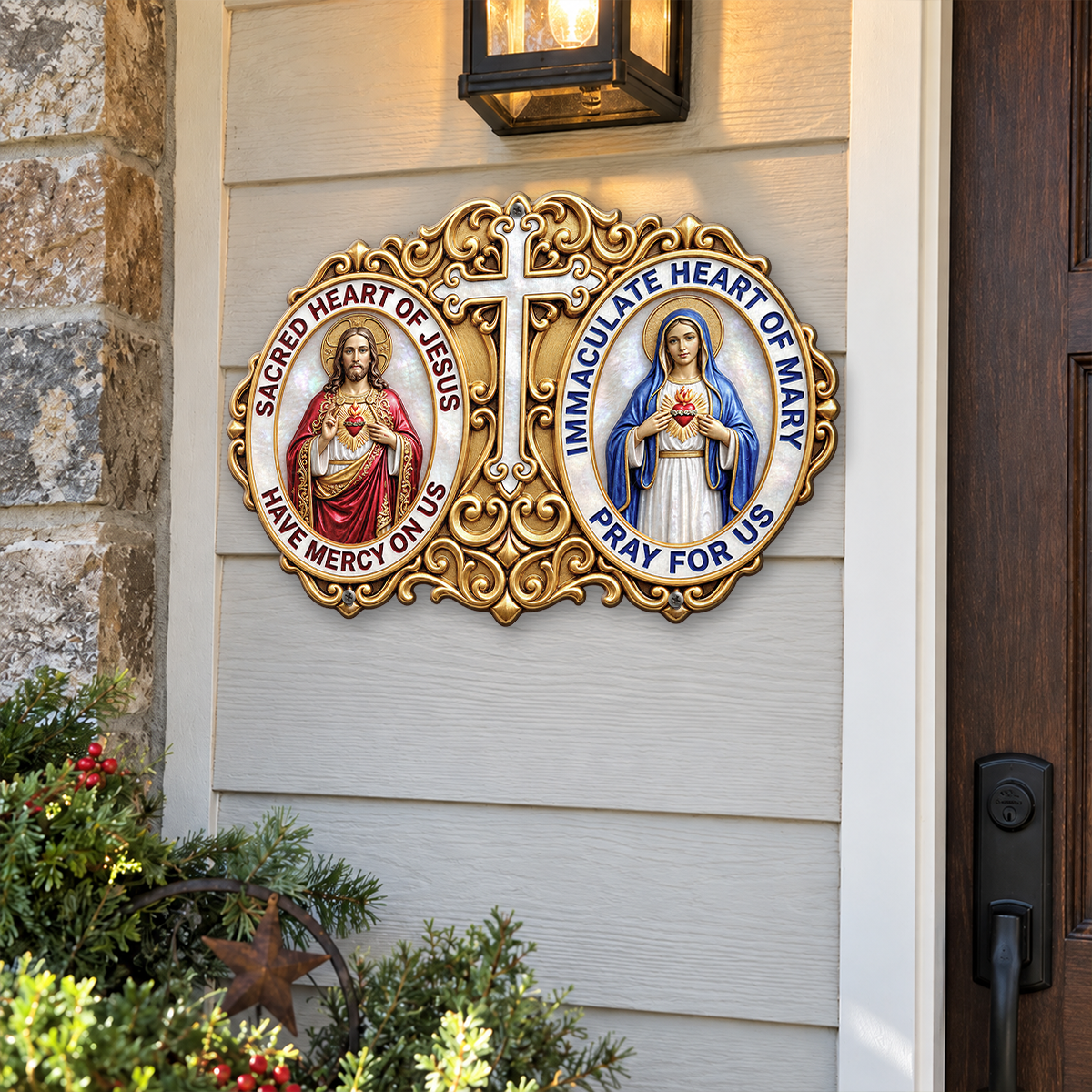 Guldfärgad religiös metallskylt med Jesus, Maria och kors