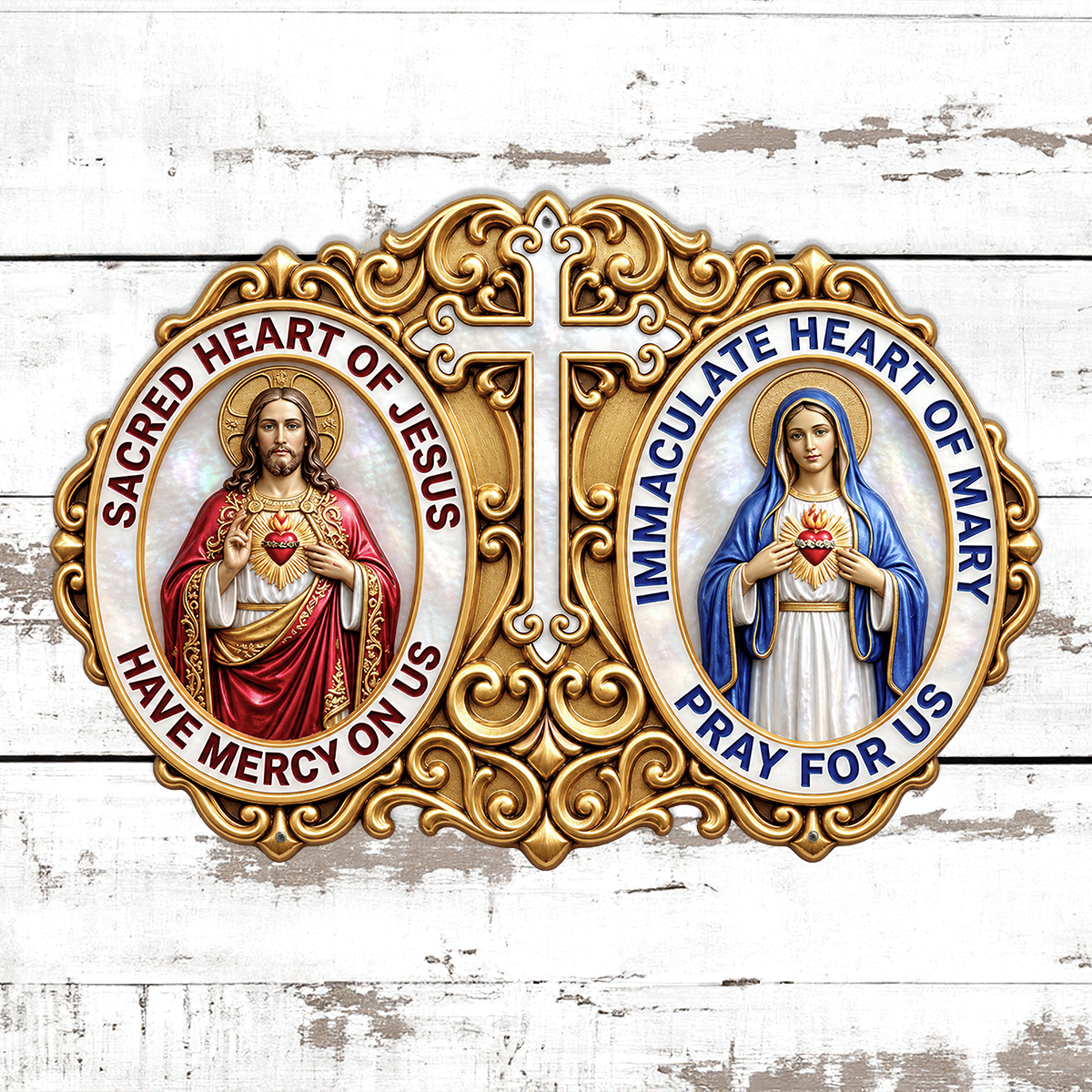 Guldfärgad religiös metallskylt med Jesus, Maria och kors