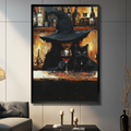 Inramad canvas tavla med häxa och svart katt vid ett vinglas